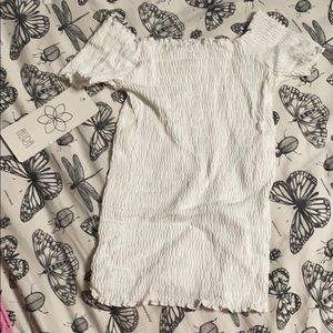 White scrunched off the shoulder crop top